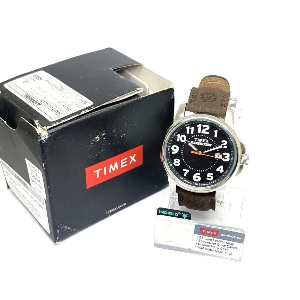 Timex Men's Watch T44921 Expedition Quartz Indiglo Black Dial Brown Leather 40mm